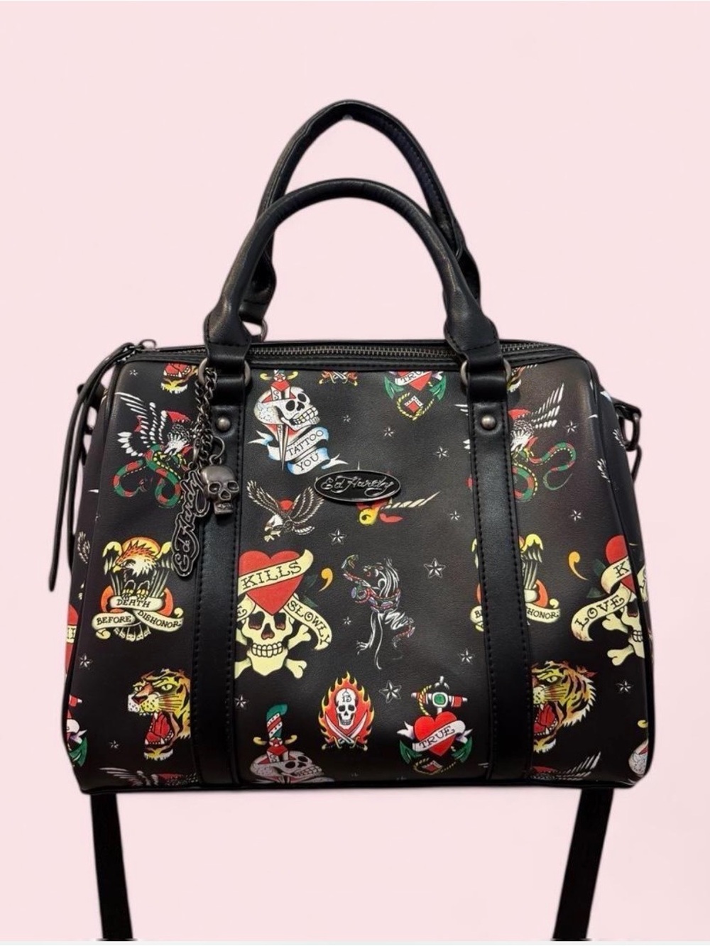 Ed Hardy Black Satchel with Colorful Tattoo Print